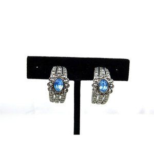Vtg Avon Romantic Treasures Faux Marcasite Blue Stone Half Hoop Pierced Earrings